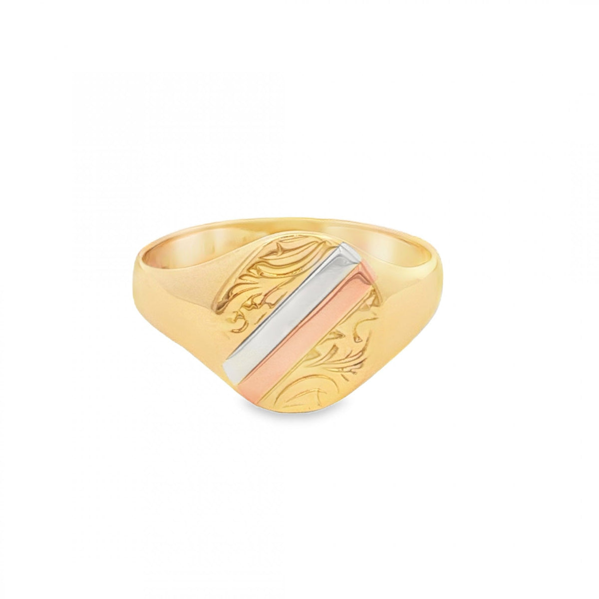 9ct Multi-Tone Gold Engraved Signet Ring - Size O - 11mm