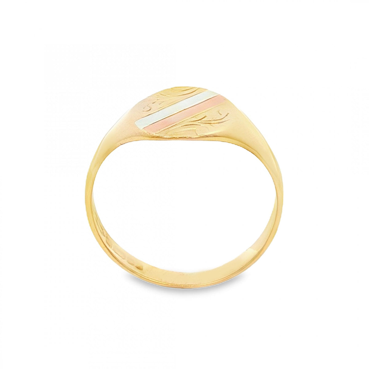 9ct Multi-Tone Gold Engraved Signet Ring - Size O - 11mm