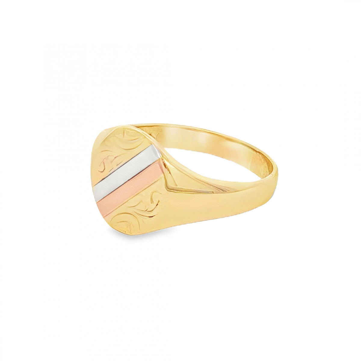 9ct Multi-Tone Gold Engraved Signet Ring - Size O - 11mm