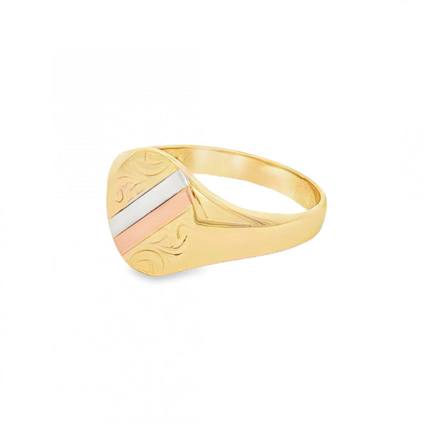 9ct Multi-Tone Gold Engraved Signet Ring - Size O - 11mm