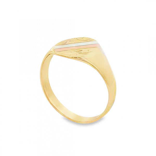 9ct Multi-Tone Gold Engraved Signet Ring - Size O - 11mm