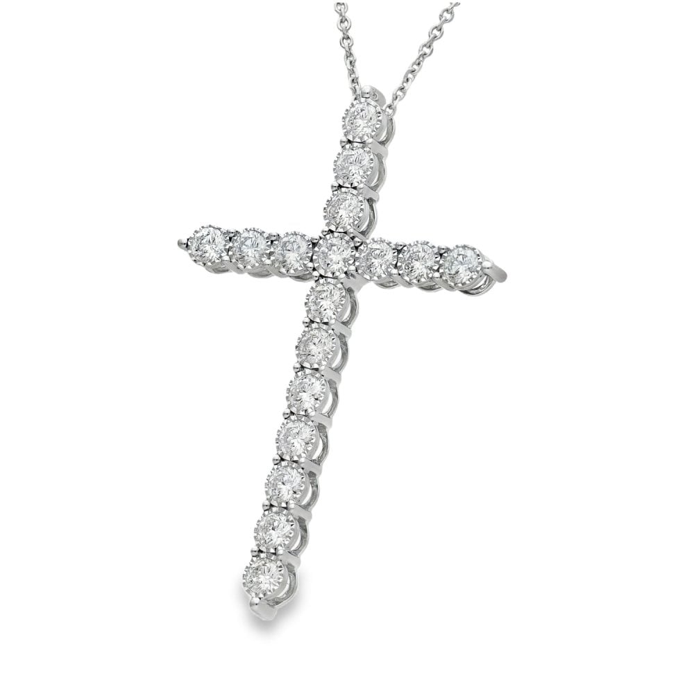 9ct White Gold Illusion-Set Diamond Cross Pendant - 18" - 3.12ct