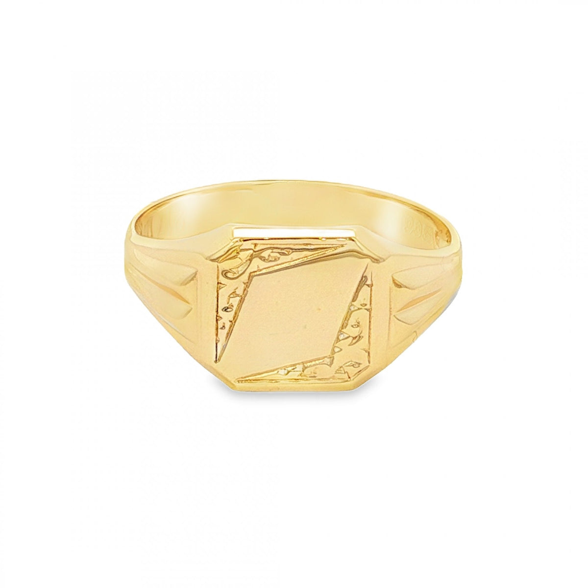 9ct Yellow Gold Diamond-Engraved Signet Ring - Size V - 11mm