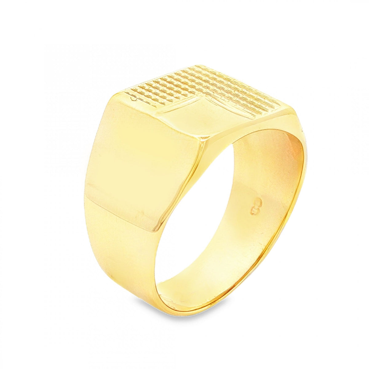 9ct Yellow Gold Square Engraved Ring - Size V - 13mm