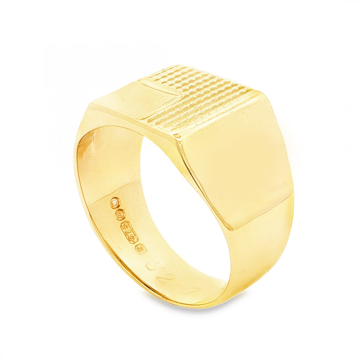 9ct Yellow Gold Square Engraved Ring - Size V - 13mm