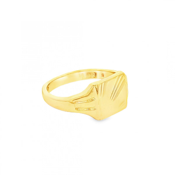 9ct Yellow Gold Sunburst-Engraved Signet Ring - Size K½ - 9mm