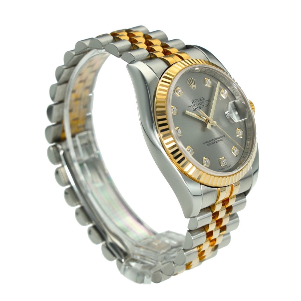 Datejust 116233 – Silver Diamond Dial – Gold Fluted Bezel –2010