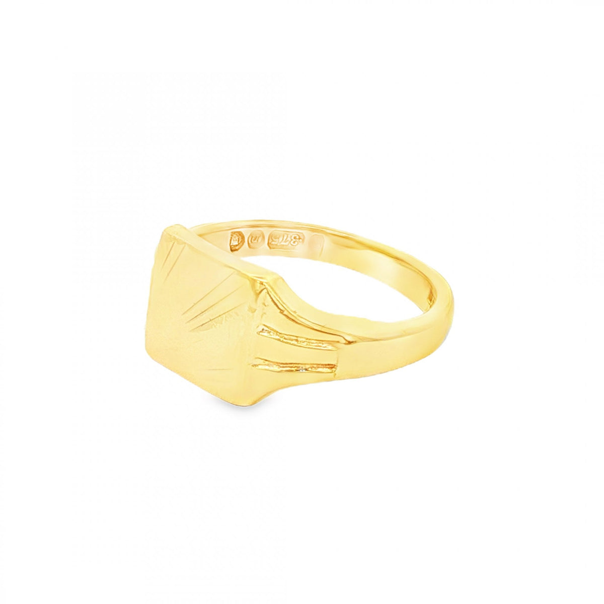 9ct Yellow Gold Sunburst-Engraved Signet Ring - Size K½ - 9mm