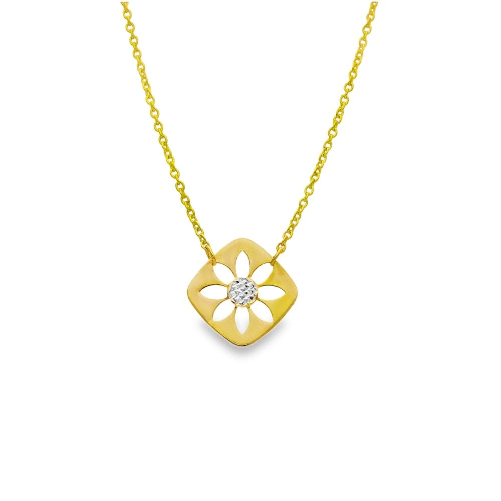 9ct Yellow & White Gold Open Flower Pendant & Necklace - 19"