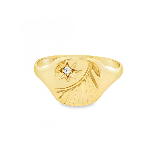 9ct Yellow Gold CZ Sunburst Engraved Ring - Size U½ - 12mm
