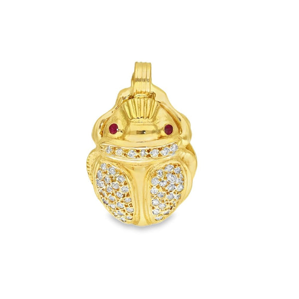 18ct Yellow Gold Ruby & Diamond Scarab Pendant - 21x32x11mm