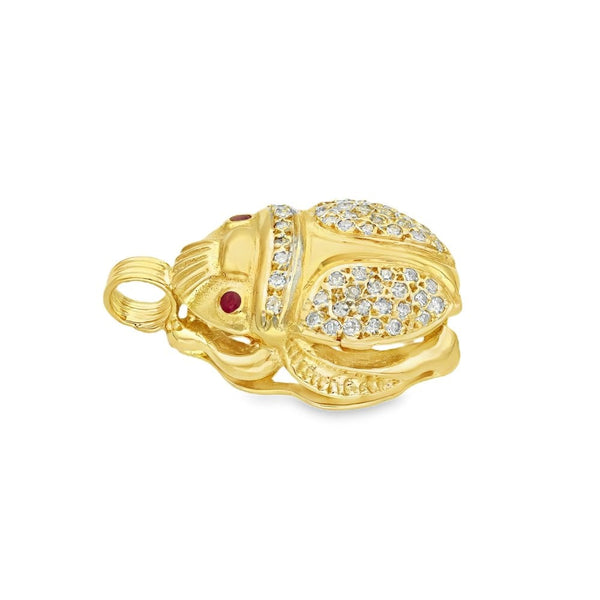 18ct Yellow Gold Ruby & Diamond Scarab Pendant - 21x32x11mm