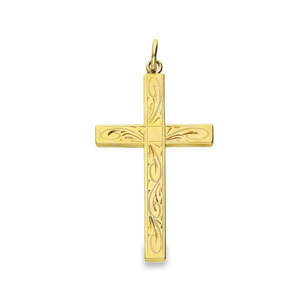 9ct Yellow Gold Engraved Block Cross Pendant - 22x39x3mm - 6.7g