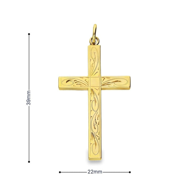 9ct Yellow Gold Engraved Block Cross Pendant - 22x39x3mm - 6.7g