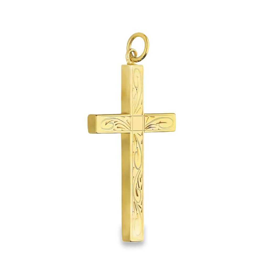 9ct Yellow Gold Engraved Block Cross Pendant - 22x39x3mm - 6.7g