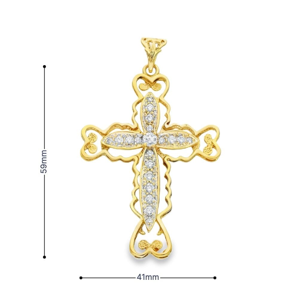 9ct Yellow Gold Heart Edge CZ Cross Pendant - 41x59x5mm - 10.5g