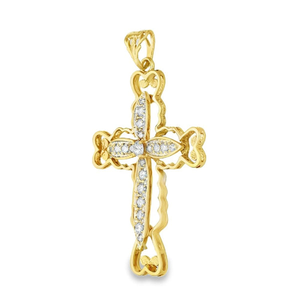 9ct Yellow Gold Heart Edge CZ Cross Pendant - 41x59x5mm - 10.5g