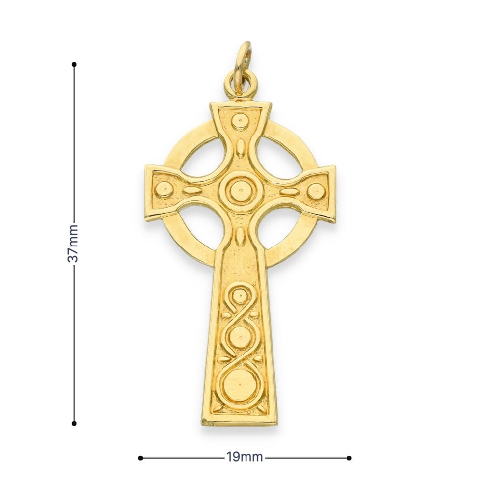 9ct Yellow Gold Patterned Flat Celtic Cross Pendant - 19x37x1mm