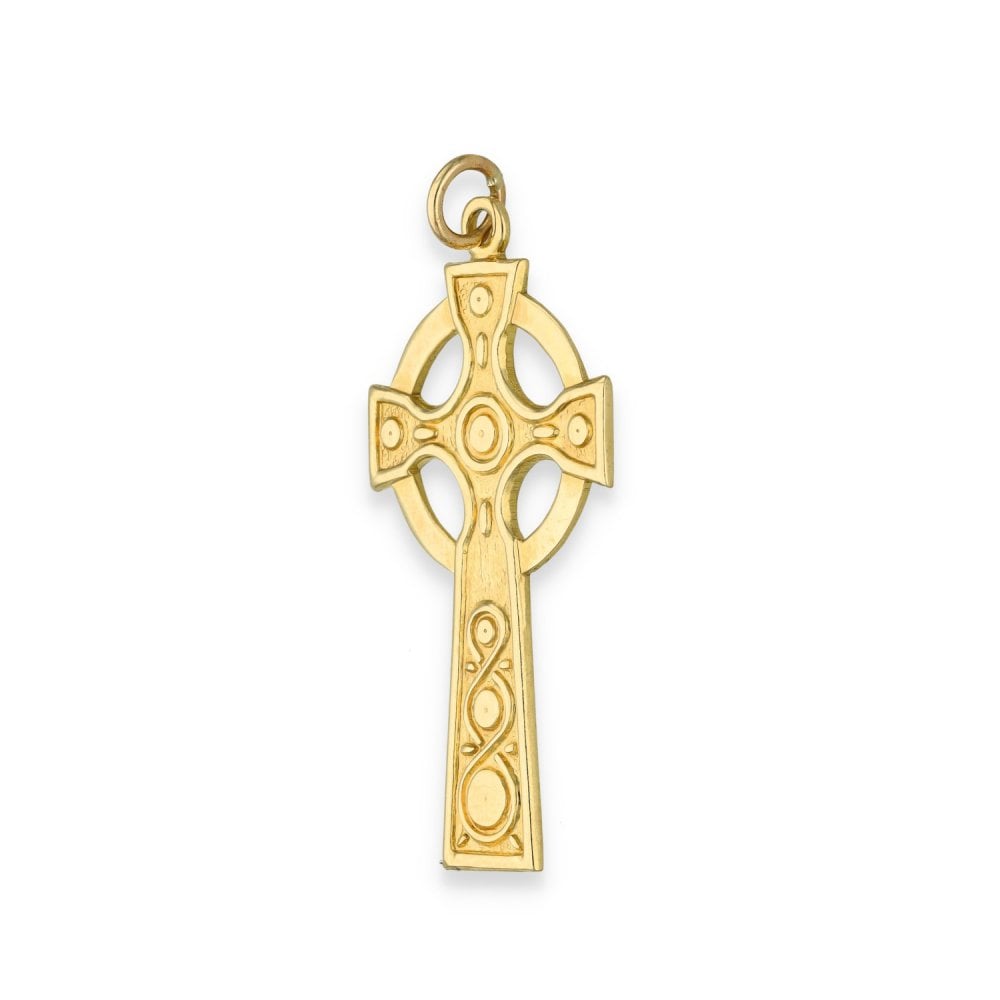 9ct Yellow Gold Patterned Flat Celtic Cross Pendant - 19x37x1mm
