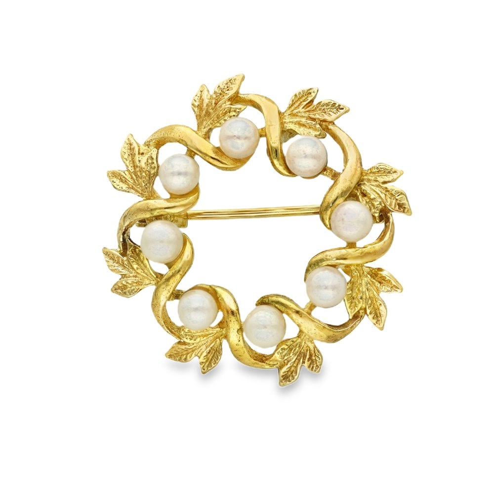 9ct Yellow Gold Pearl Wreath Brooch - 27x27x11mm - 4.7g