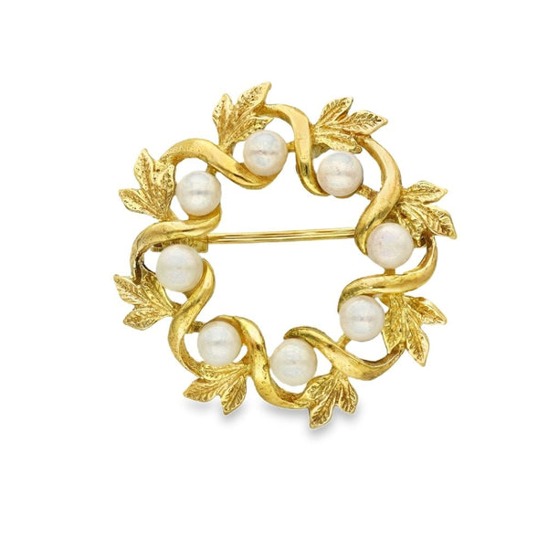 9ct Yellow Gold Pearl Wreath Brooch - 27x27x11mm - 4.7g
