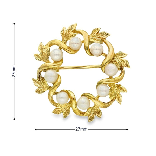 9ct Yellow Gold Pearl Wreath Brooch - 27x27x11mm - 4.7g