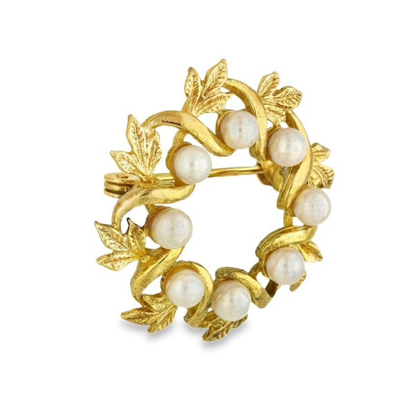 9ct Yellow Gold Pearl Wreath Brooch - 27x27x11mm - 4.7g