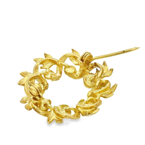 9ct Yellow Gold Pearl Wreath Brooch - 27x27x11mm - 4.7g