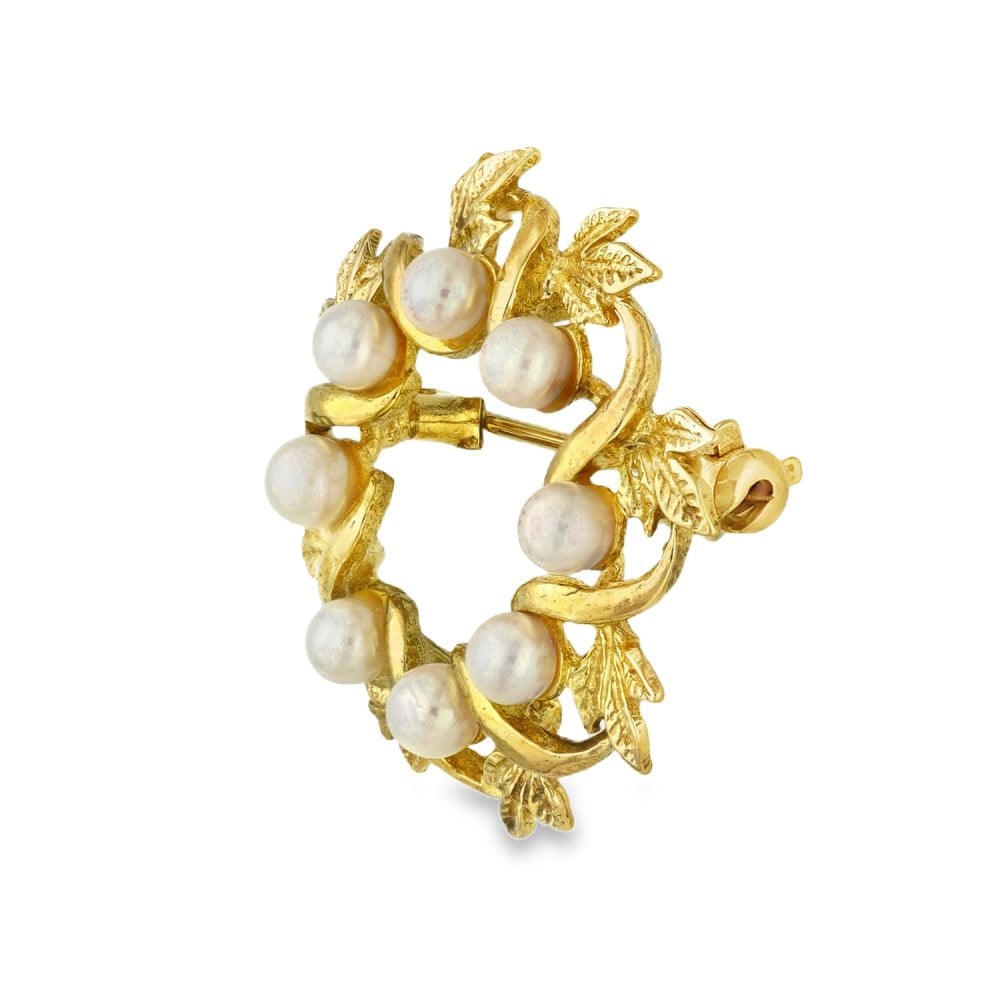 9ct Yellow Gold Pearl Wreath Brooch - 27x27x11mm - 4.7g