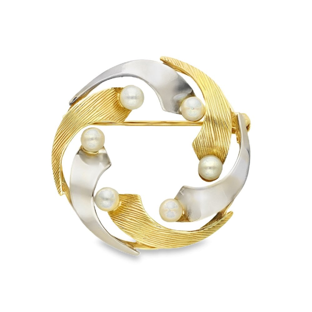 9ct Yellow & White Gold Pearl Wreath Brooch - 29x29x12mm - 4.3g