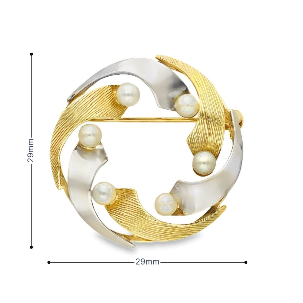 9ct Yellow & White Gold Pearl Wreath Brooch - 29x29x12mm - 4.3g