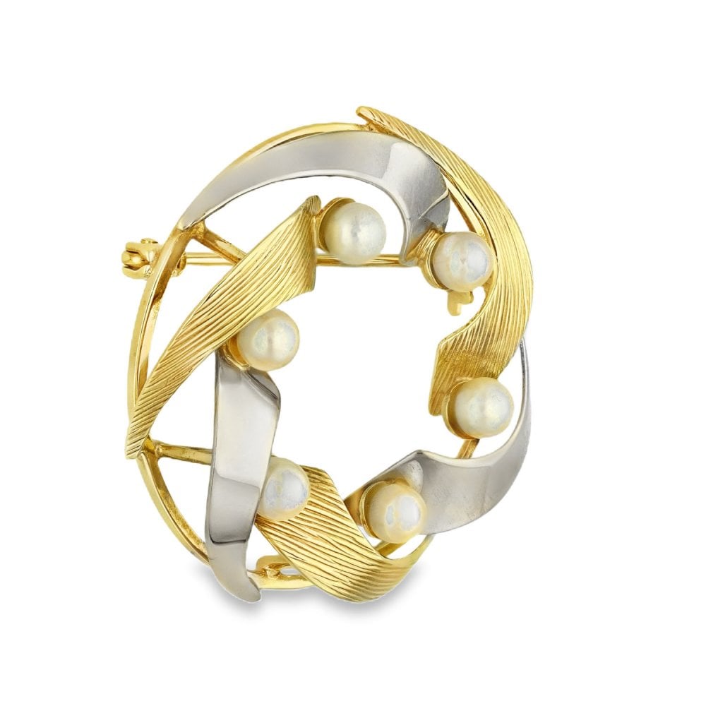 9ct Yellow & White Gold Pearl Wreath Brooch - 29x29x12mm - 4.3g