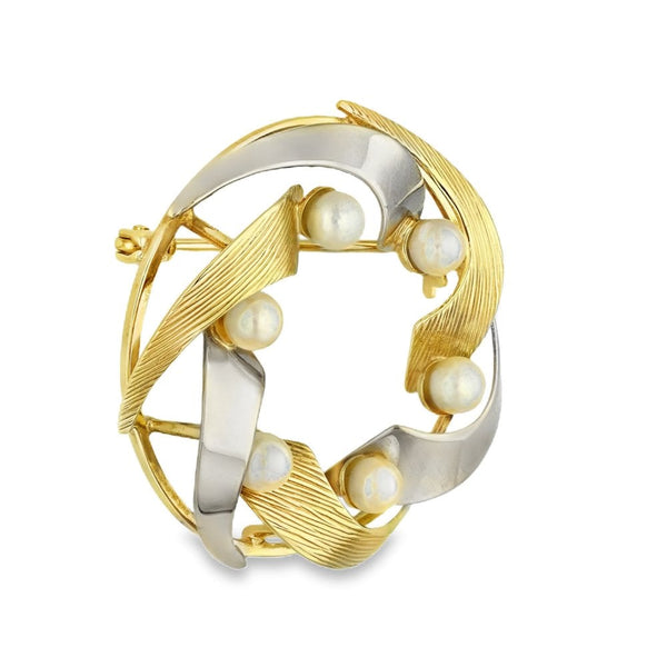 9ct Yellow & White Gold Pearl Wreath Brooch - 29x29x12mm - 4.3g