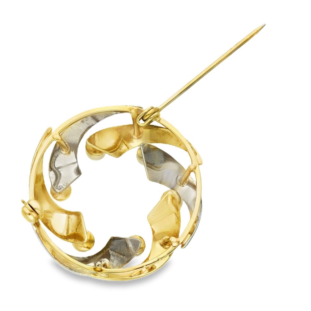 9ct Yellow & White Gold Pearl Wreath Brooch - 29x29x12mm - 4.3g