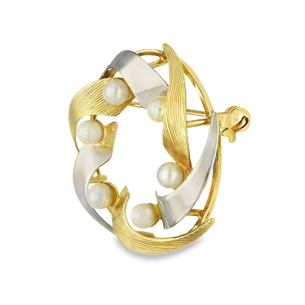 9ct Yellow & White Gold Pearl Wreath Brooch - 29x29x12mm - 4.3g