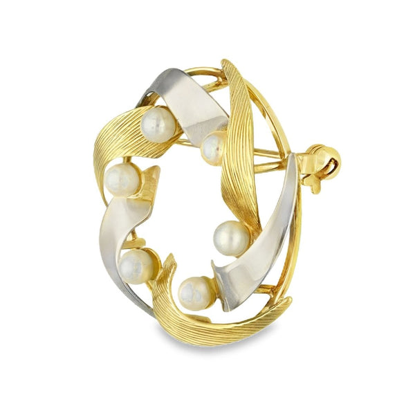 9ct Yellow & White Gold Pearl Wreath Brooch - 29x29x12mm - 4.3g