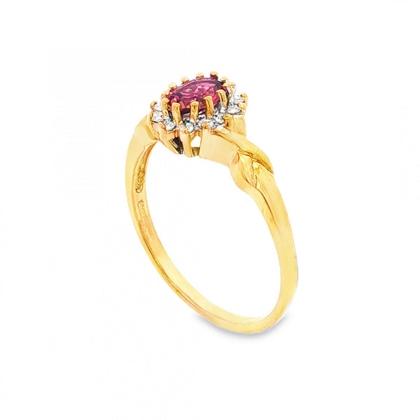 9ct Yellow Gold Pink Tourmaline & Diamond Ring - Size P