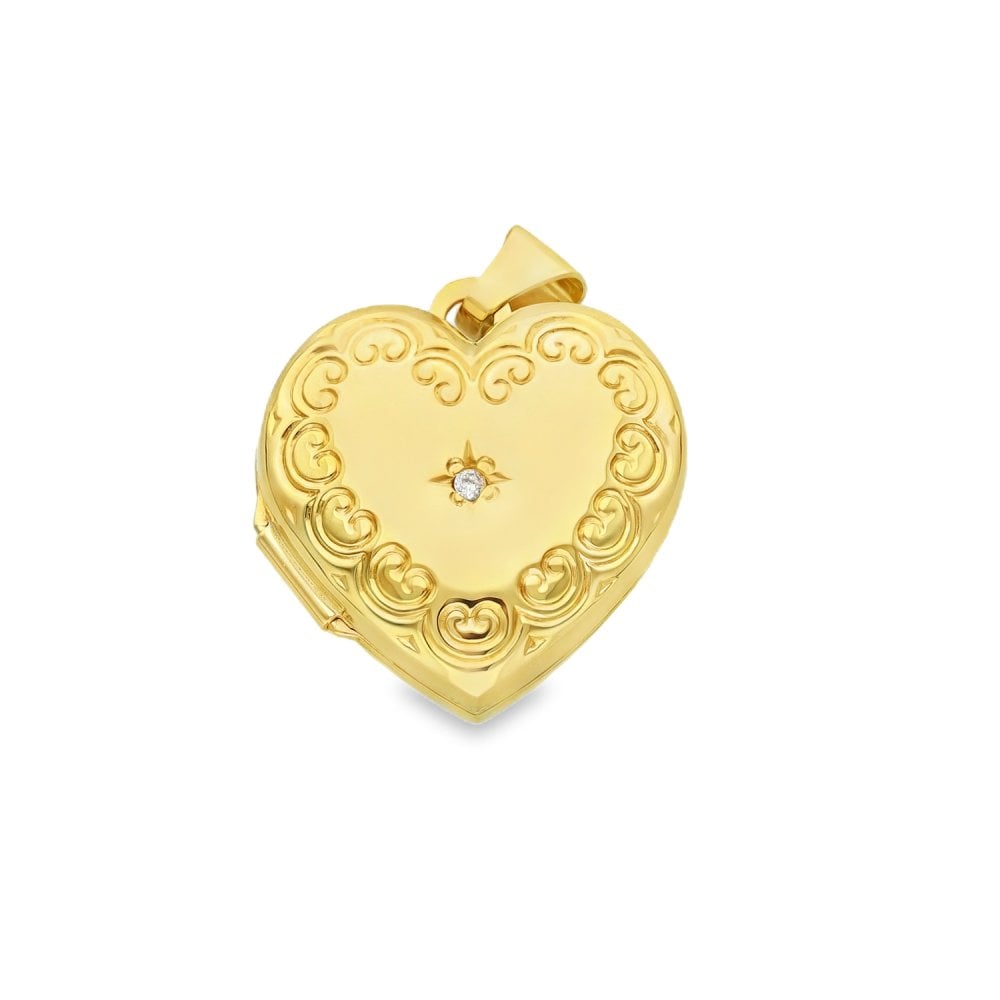 9ct Yellow Gold Diamond Heart Locket - 18x19x8mm - 1.9g