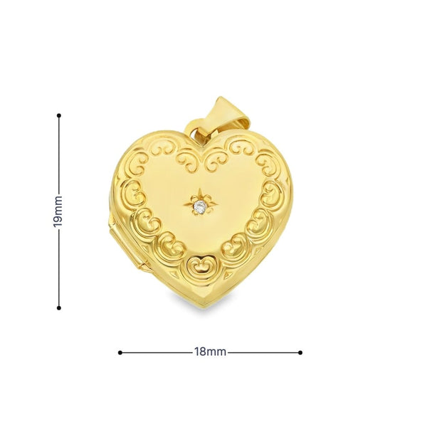 9ct Yellow Gold Diamond Heart Locket - 18x19x8mm - 1.9g