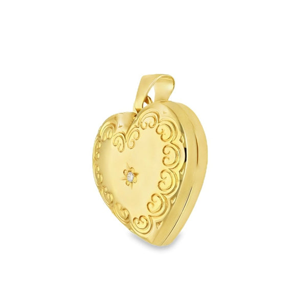 9ct Yellow Gold Diamond Heart Locket - 18x19x8mm - 1.9g