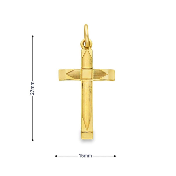 9ct Yellow Gold Patterned Tapered Cross Pendant - 15x27mm - 1.9g