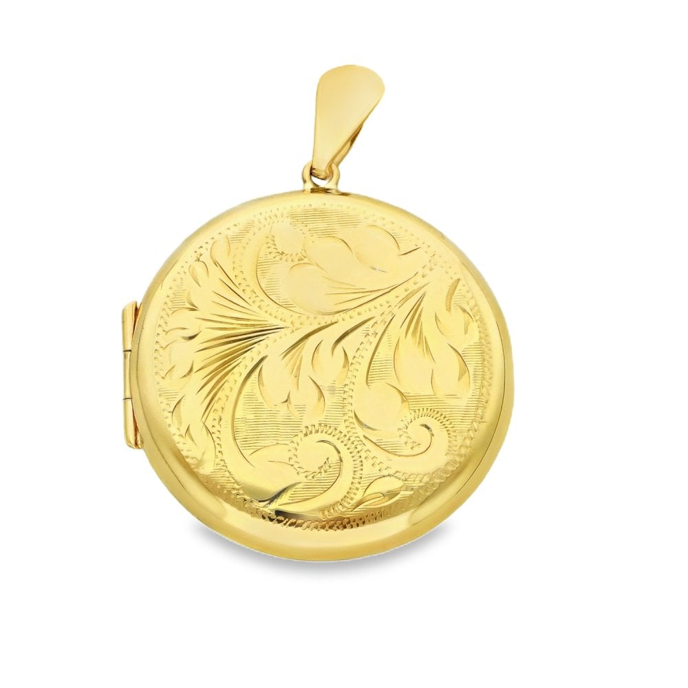 9ct Yellow Gold Round Feather-Engraved Locket - 29x31x7mm - 6.7g