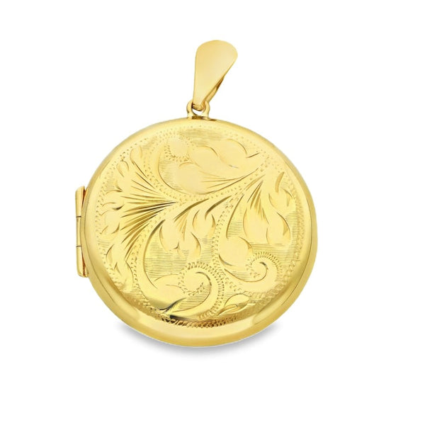 9ct Yellow Gold Round Feather-Engraved Locket - 29x31x7mm - 6.7g