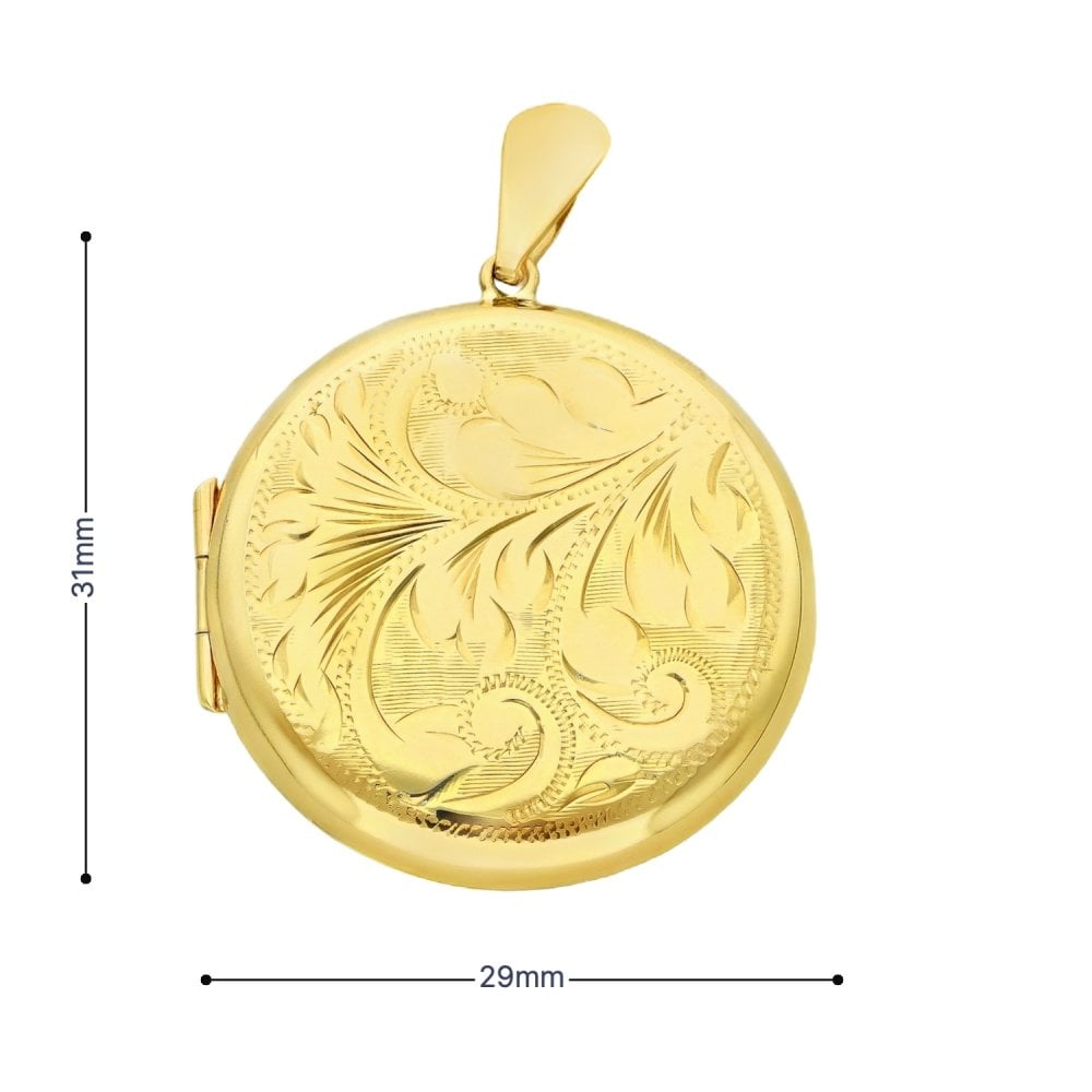 9ct Yellow Gold Round Feather-Engraved Locket - 29x31x7mm - 6.7g
