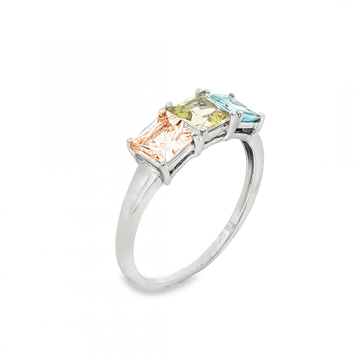 9ct White Gold Pink, Yellow & Blue CZ Trilogy Ring - 2.2g