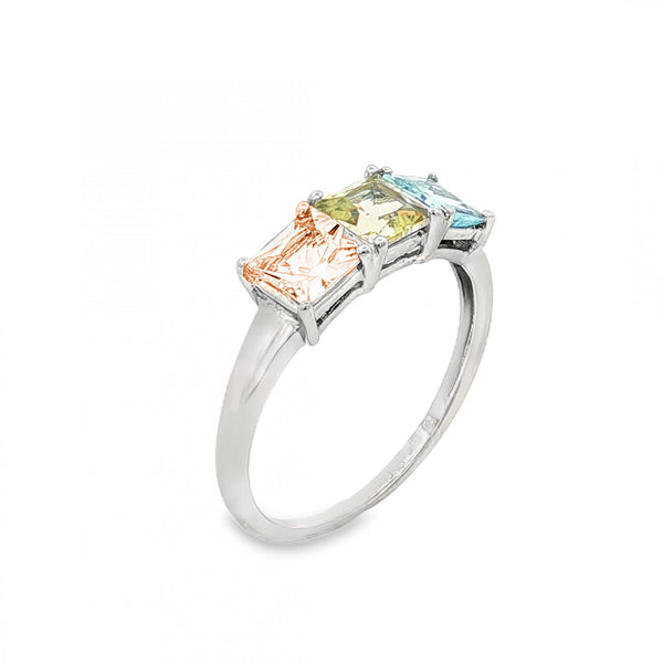 9ct White Gold Pink, Yellow & Blue CZ Trilogy Ring - 2.2g