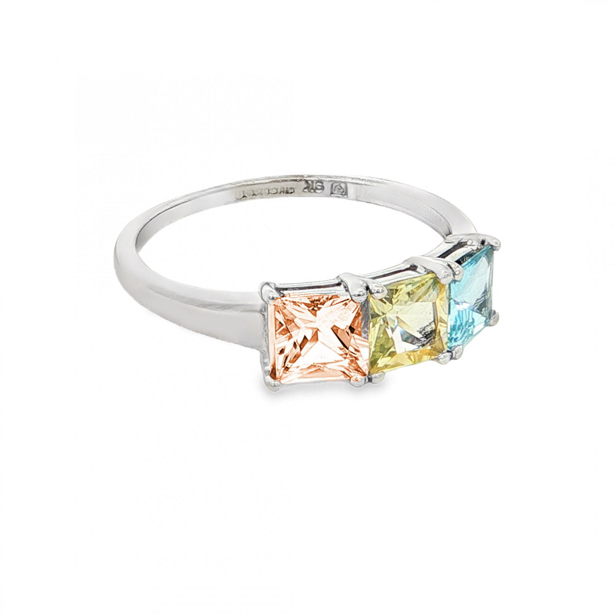 9ct White Gold Pink, Yellow & Blue CZ Trilogy Ring - 2.2g