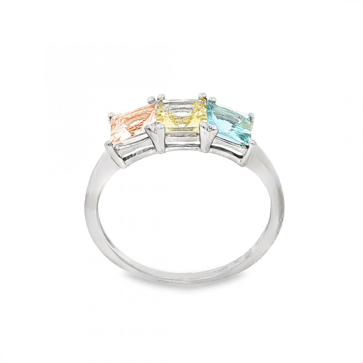 9ct White Gold Pink, Yellow & Blue CZ Trilogy Ring - 2.2g
