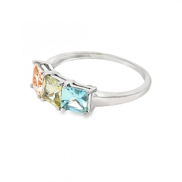9ct White Gold Pink, Yellow & Blue CZ Trilogy Ring - 2.2g