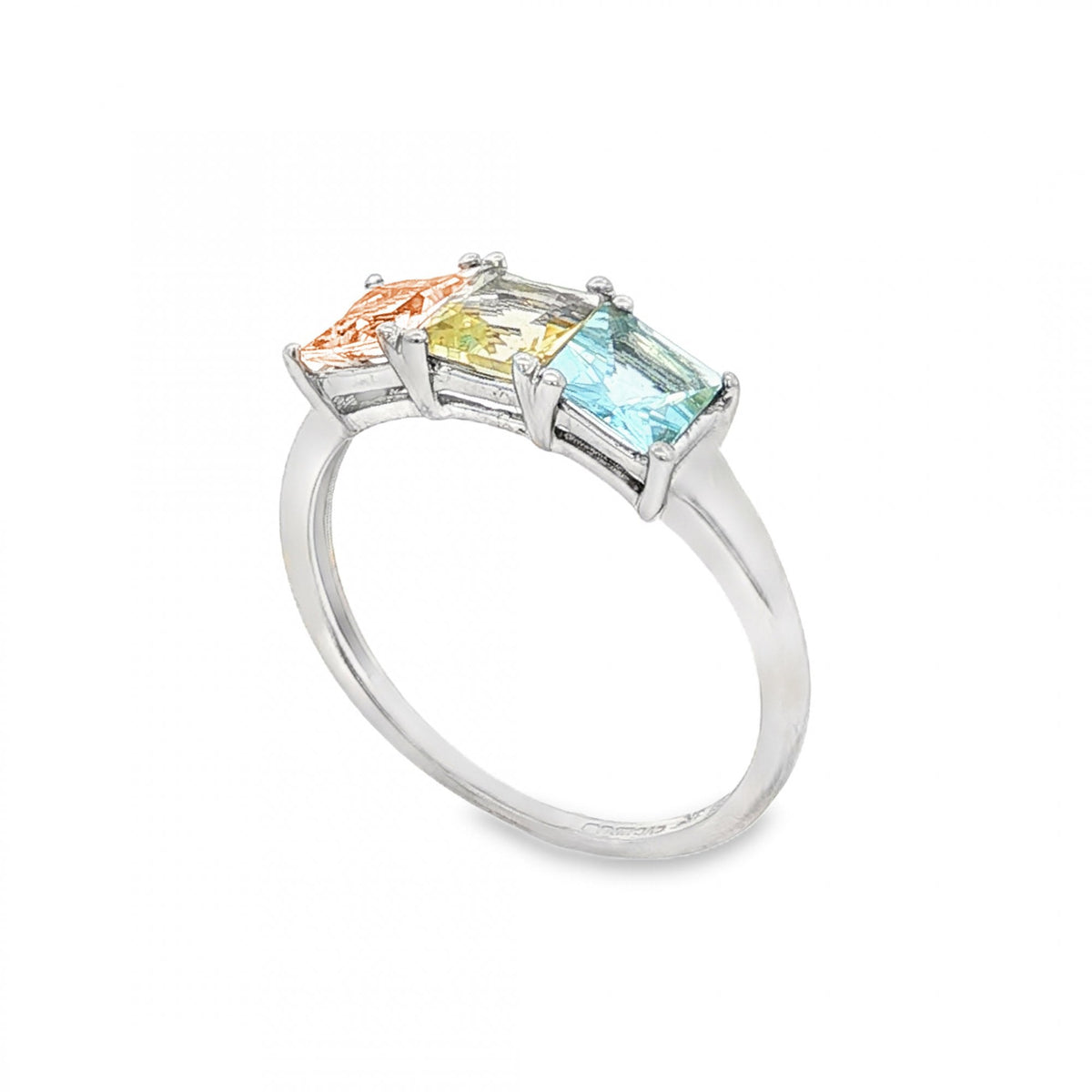 9ct White Gold Pink, Yellow & Blue CZ Trilogy Ring - 2.2g